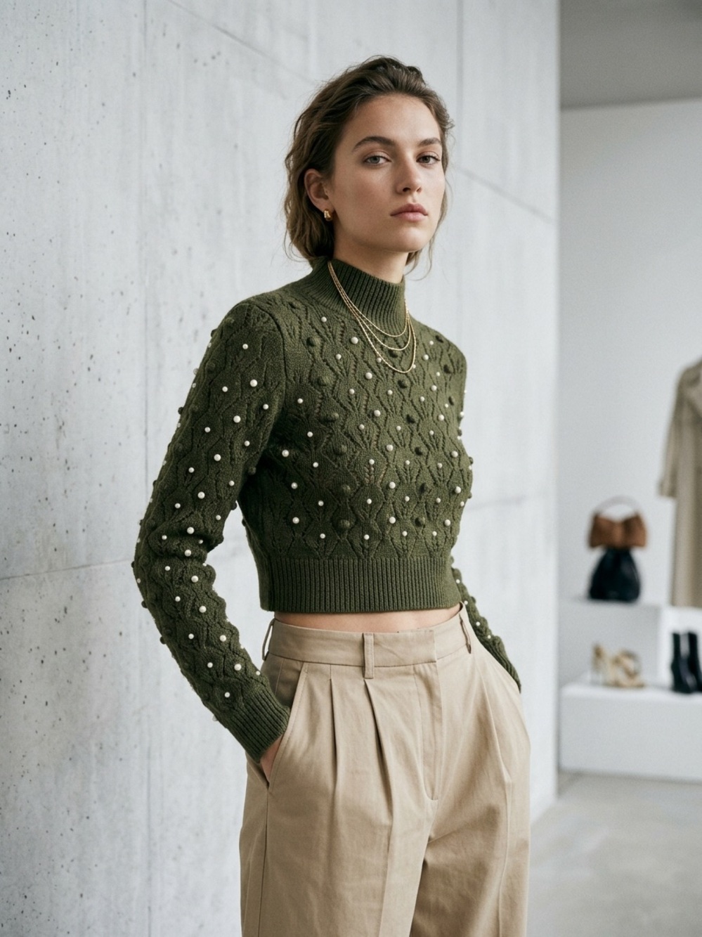 Zara Knit Open-Back Pearl Sweater Olive Green Size S